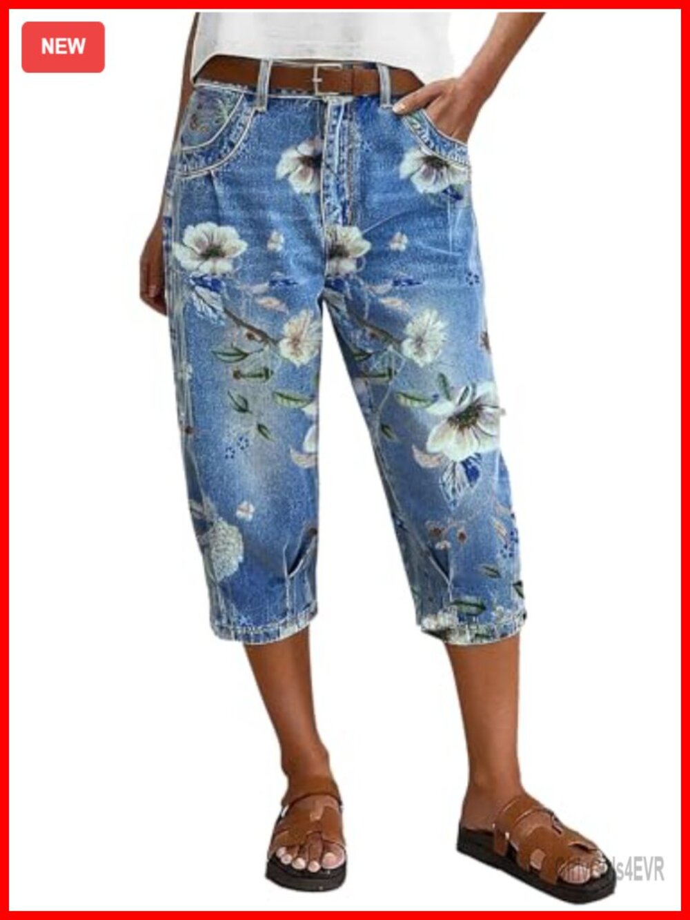 High Waist Straight Leg Capri Jeans Floral Pattern Stitch Detail Trendy Denim
